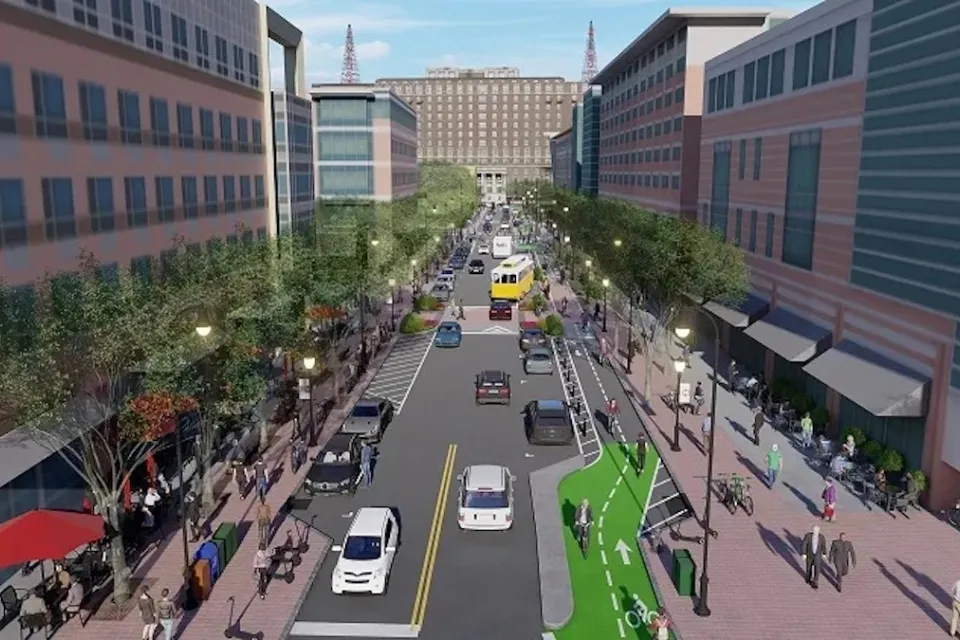 Rendering of 5th Street Complete Streets redesign with bike lanes in midtown Atlanta, Georgia.